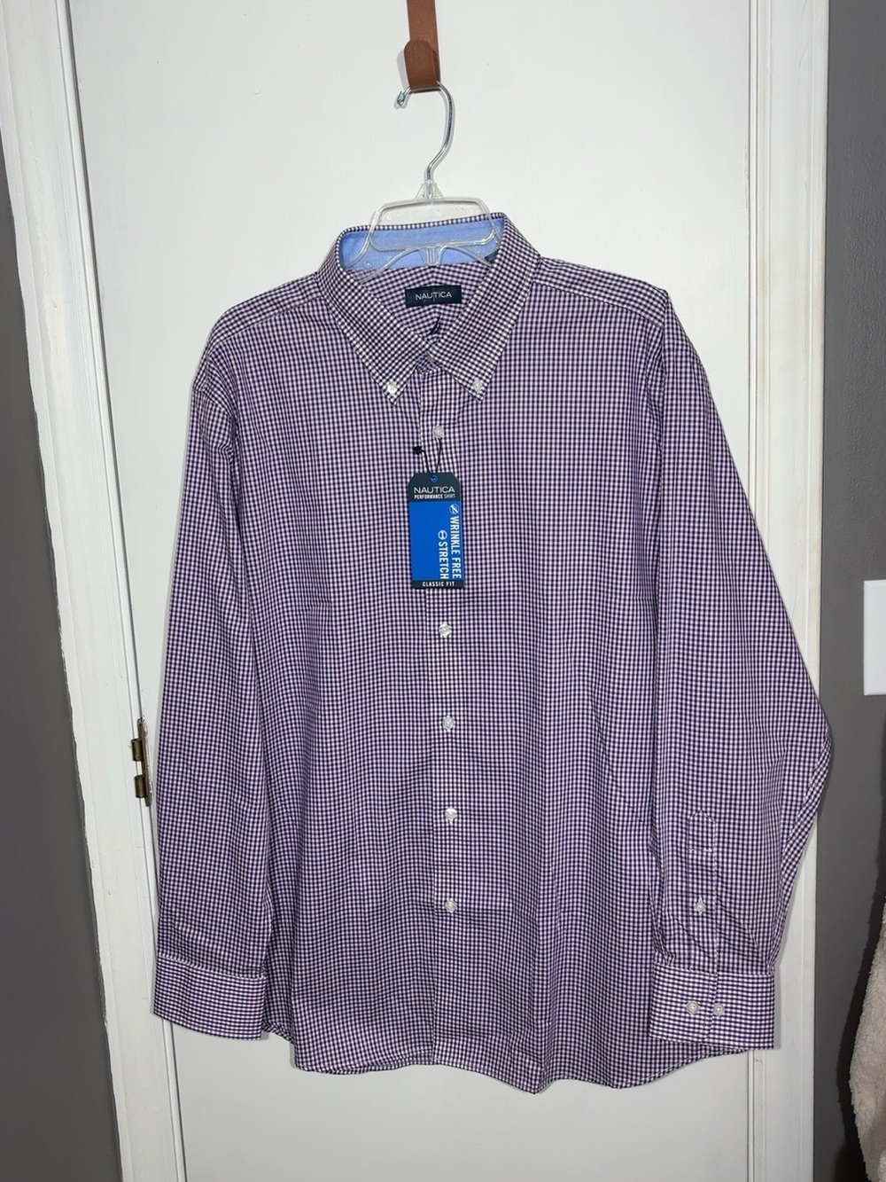 Nautica Mens XL 17.5 Purple Gingham Dress Shirt Classic Fit Cotton NWT